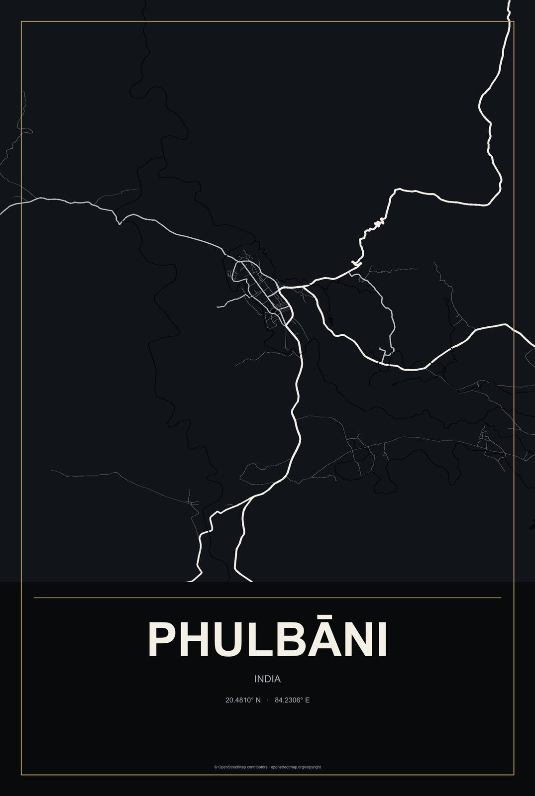Phulbāni, India City Map Aluminum Sign in Metropolitan Noir style
