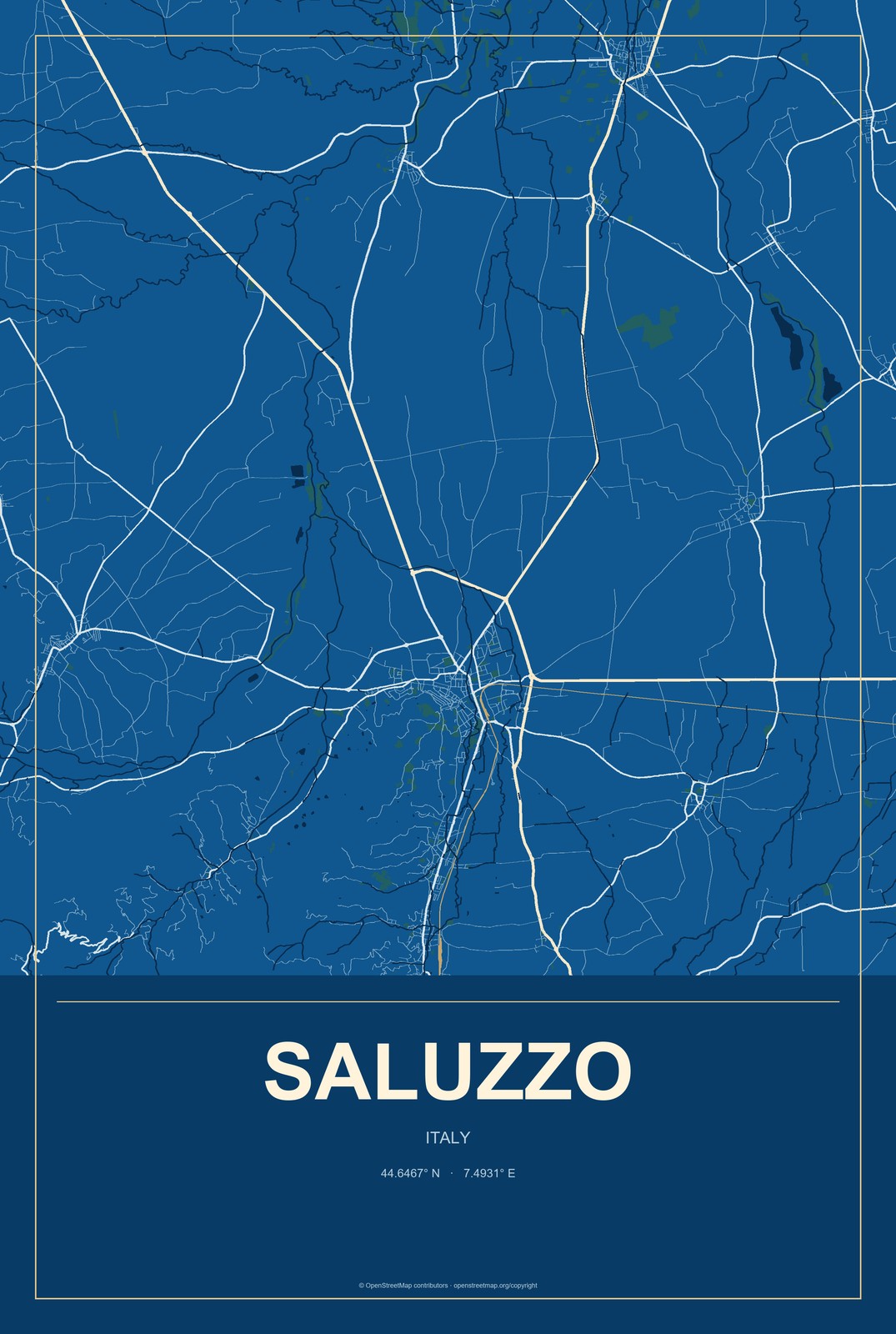 Saluzzo, Italy City Map Aluminum Sign in Harbor Cobalt style