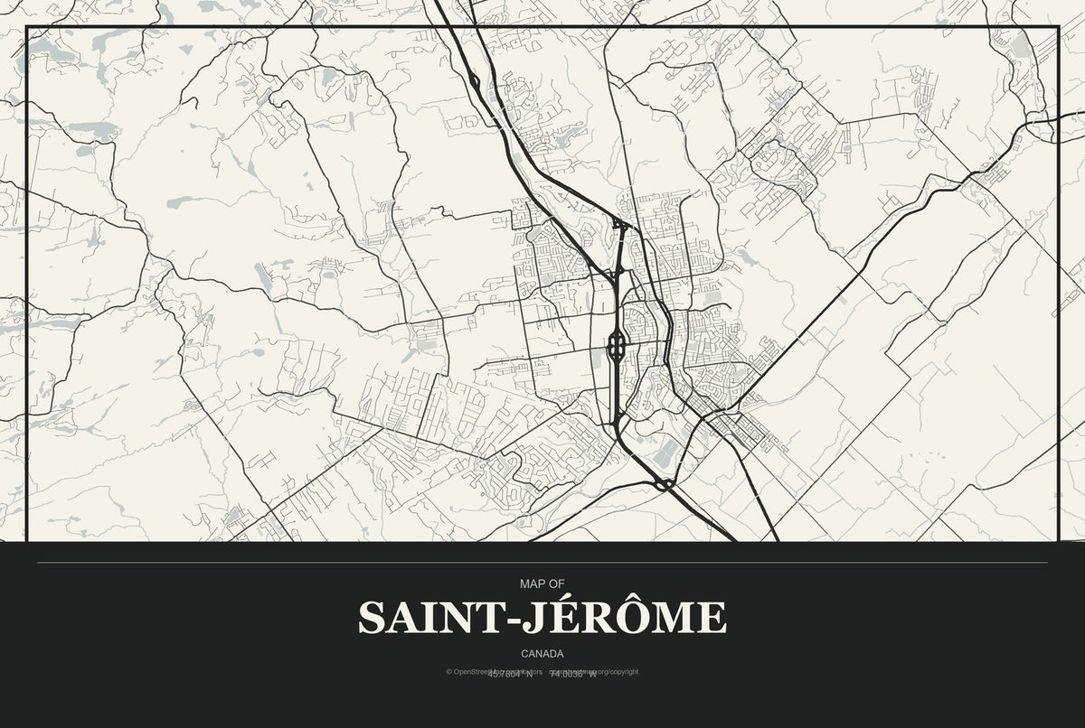 Saint-Jérôme, Canada City Map Aluminum Sign in Museum Plaque style