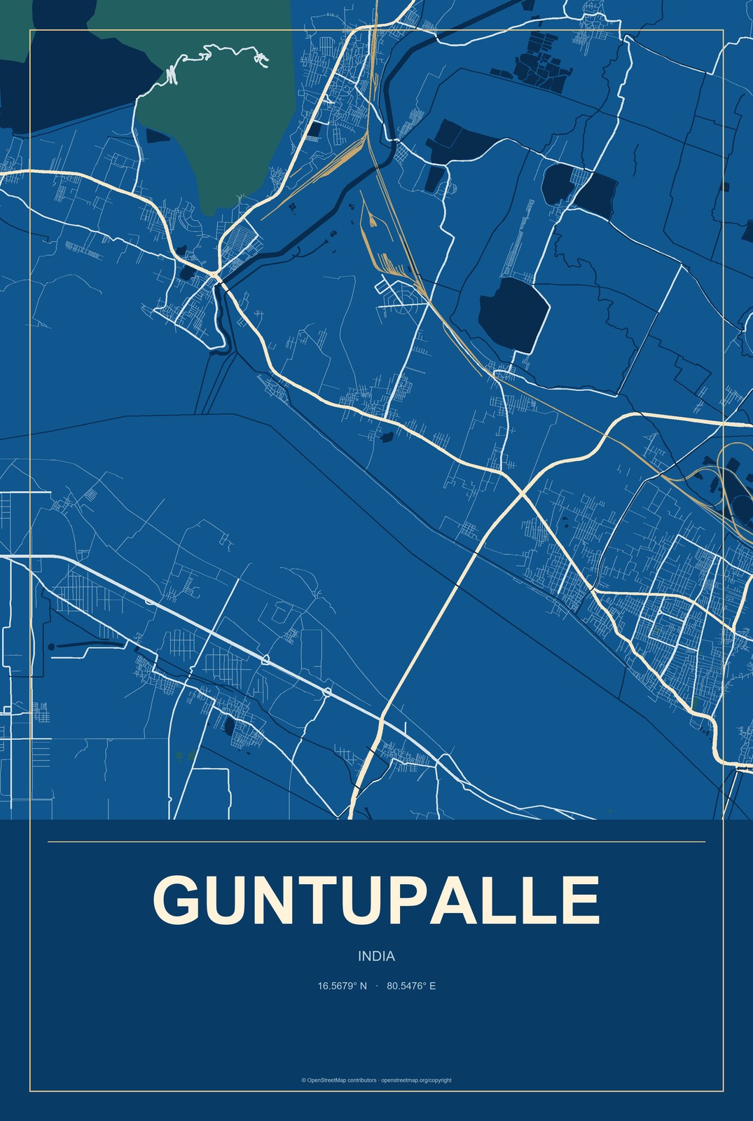 Guntupalle, India City Map Aluminum Sign in Harbor Cobalt style