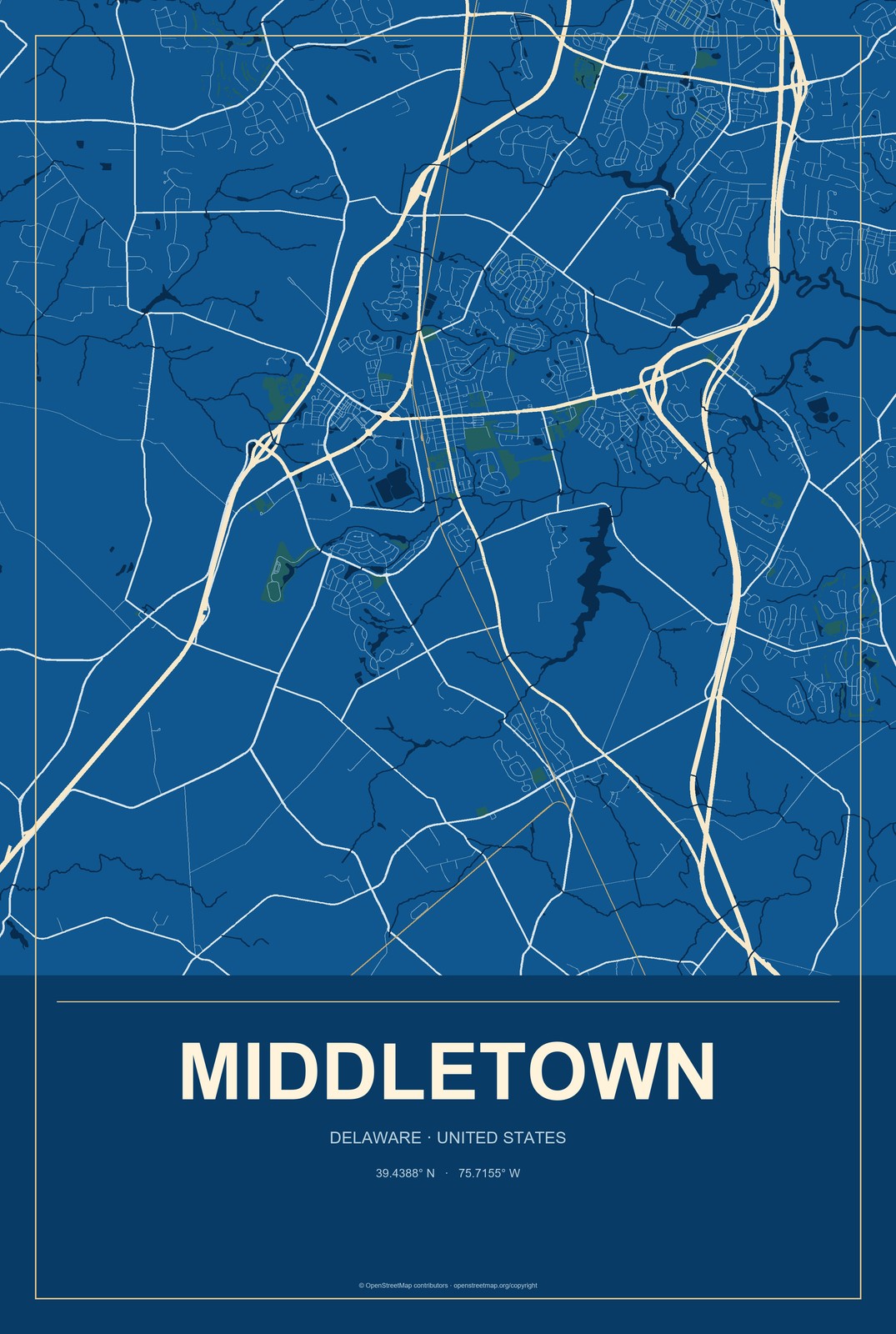 Middletown, Delaware City Map Aluminum Sign in Harbor Cobalt style