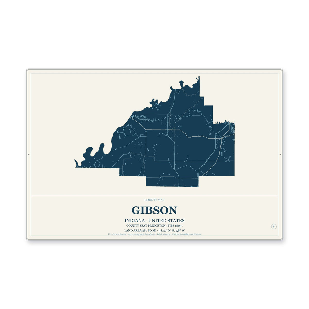 Gibson County, Indiana Map Aluminum Sign in Coastal Cutout style