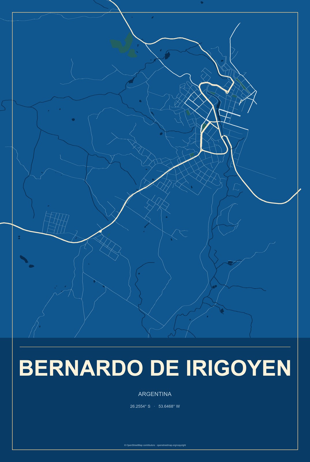 Bernardo de Irigoyen, Argentina City Map Aluminum Sign in Harbor Cobalt style