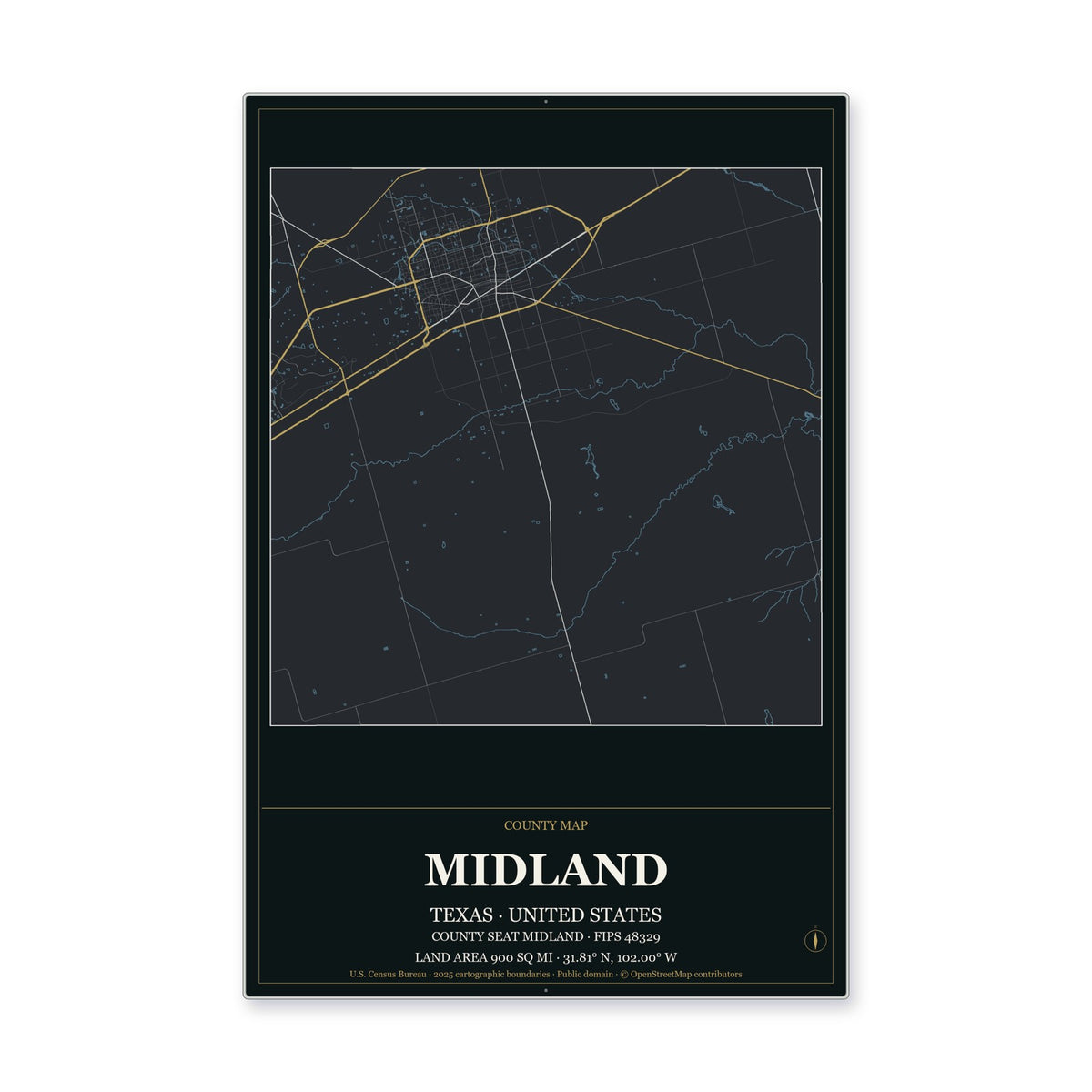Midland County, Texas Map Aluminum Sign in Metropolitan Noir style