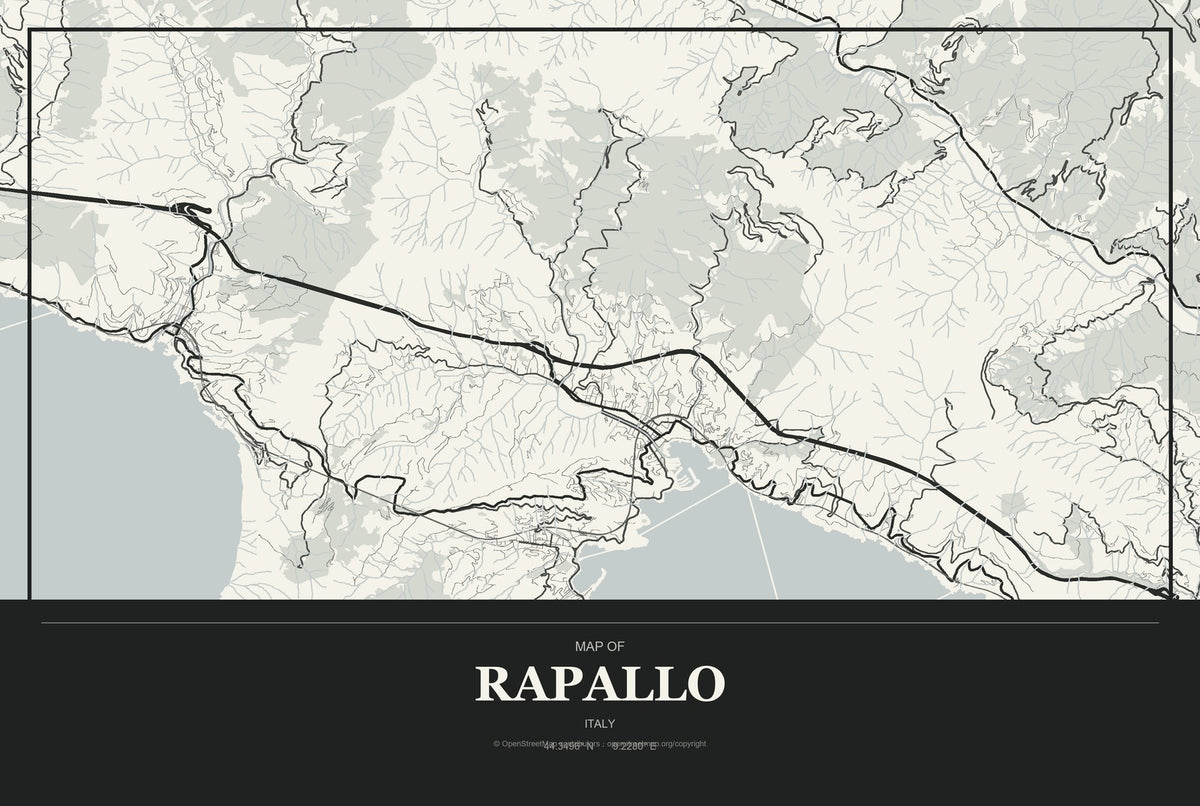 Rapallo, Italy City Map Aluminum Sign in Museum Plaque style