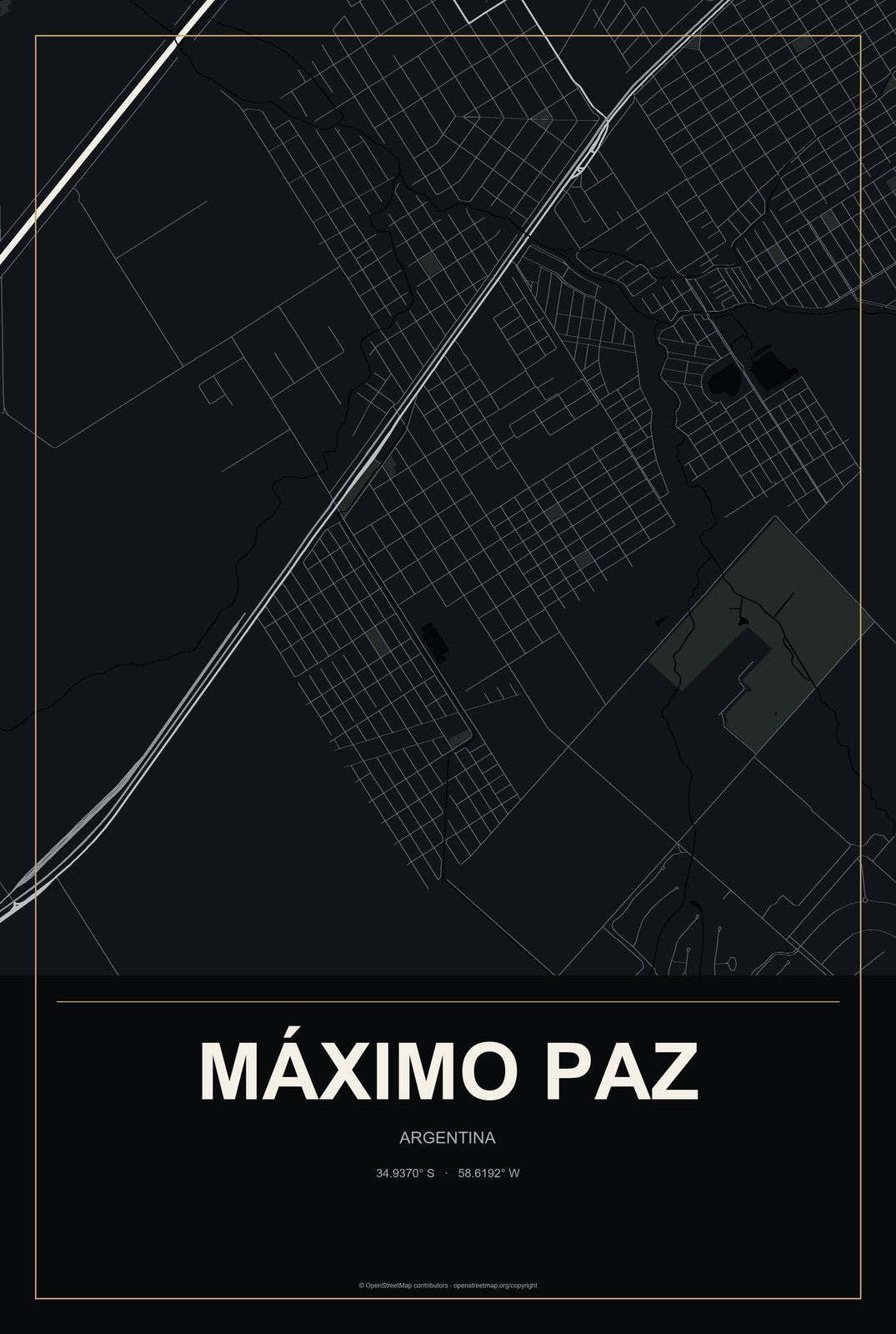 Máximo Paz, Argentina City Map Aluminum Sign in Metropolitan Noir style