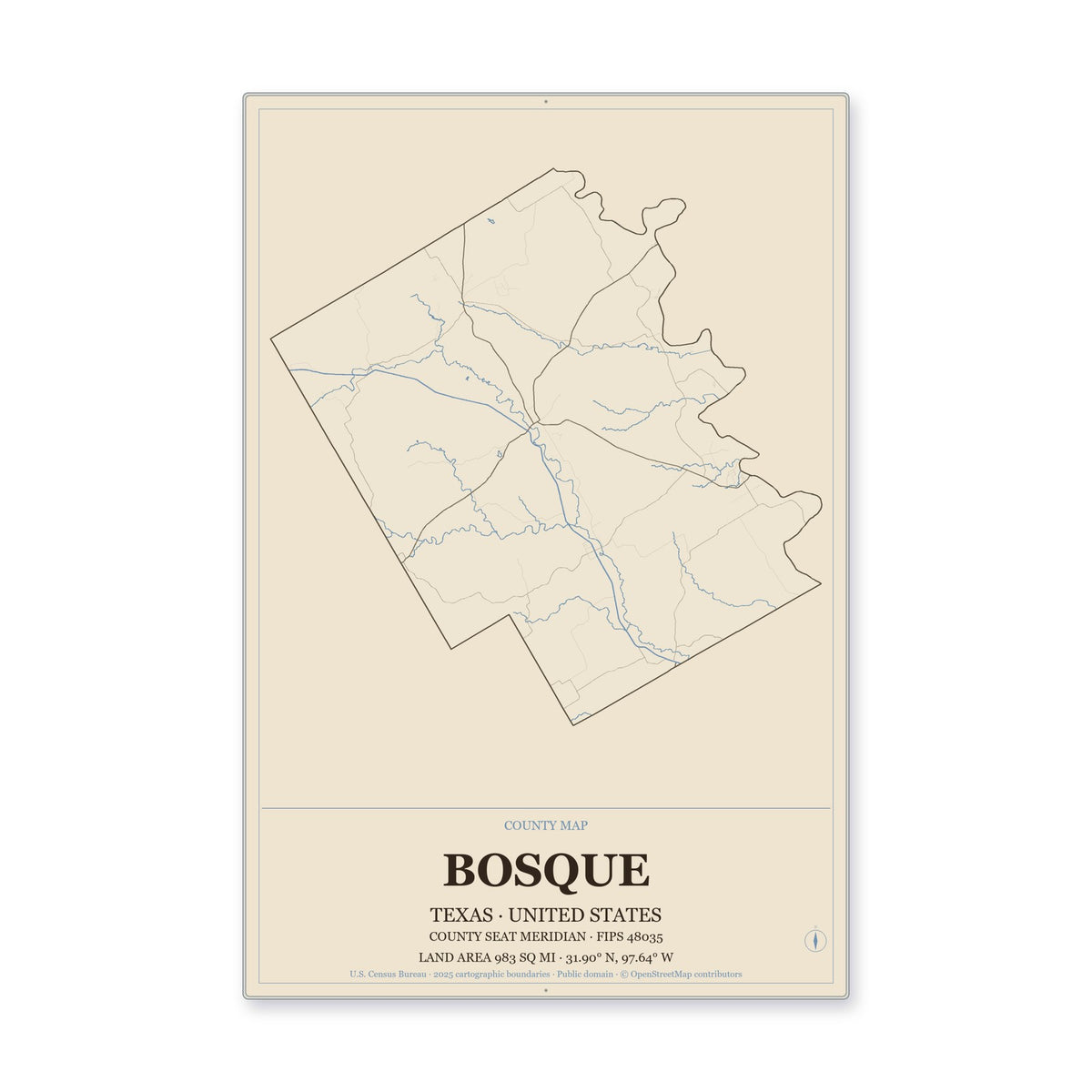 Bosque County, Texas Map Aluminum Sign in Heritage Nautical style