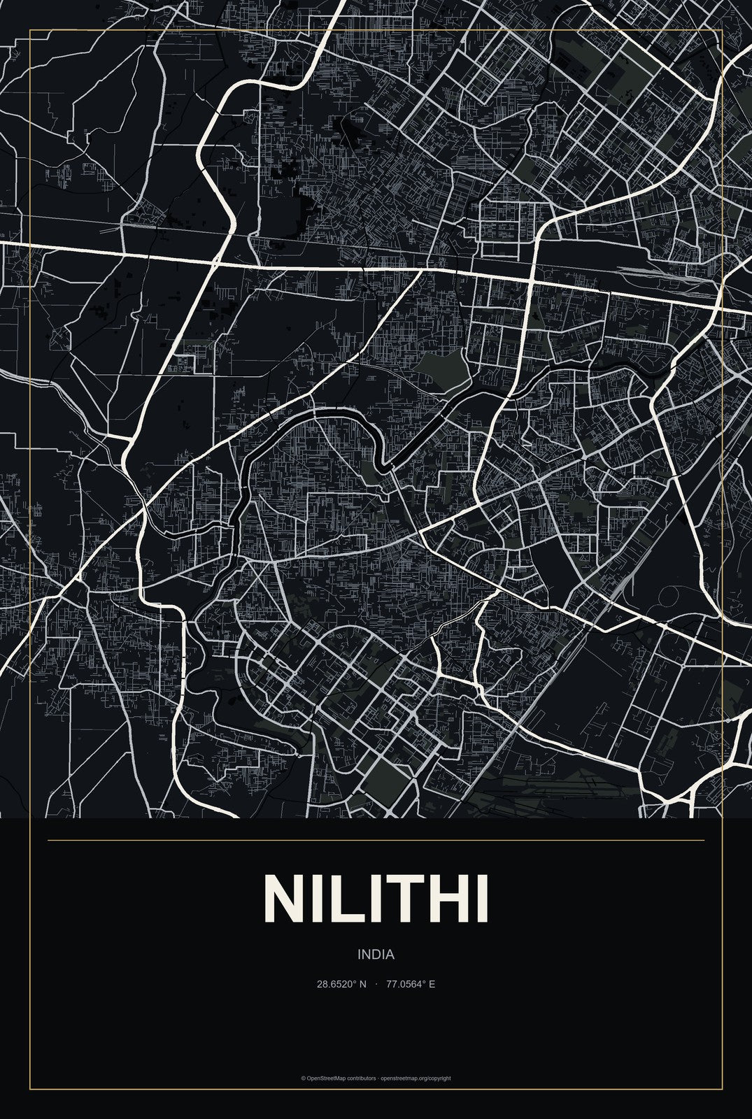 Nilithi, India City Map Aluminum Sign in Metropolitan Noir style