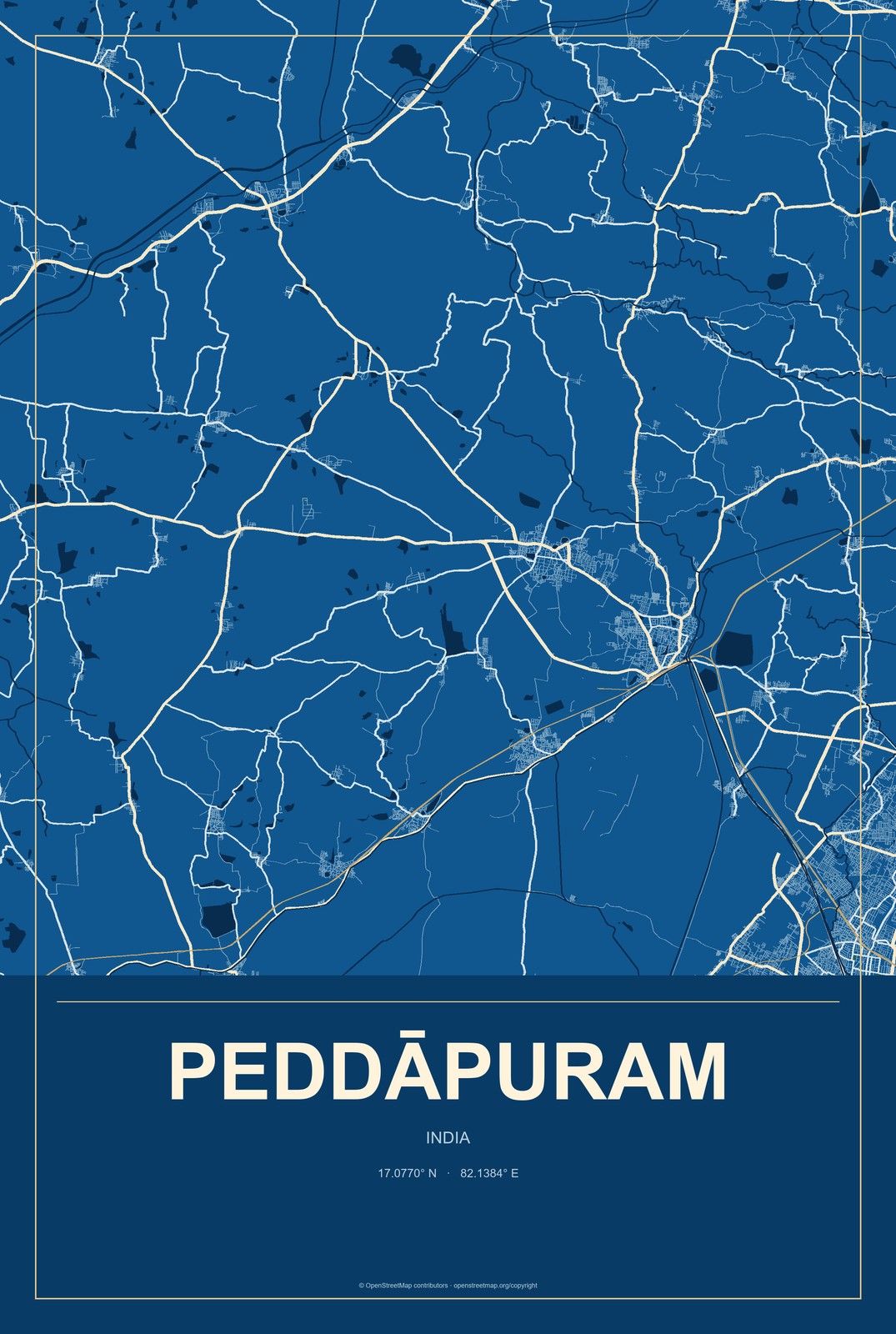 Peddāpuram, India City Map Aluminum Sign in Harbor Cobalt style