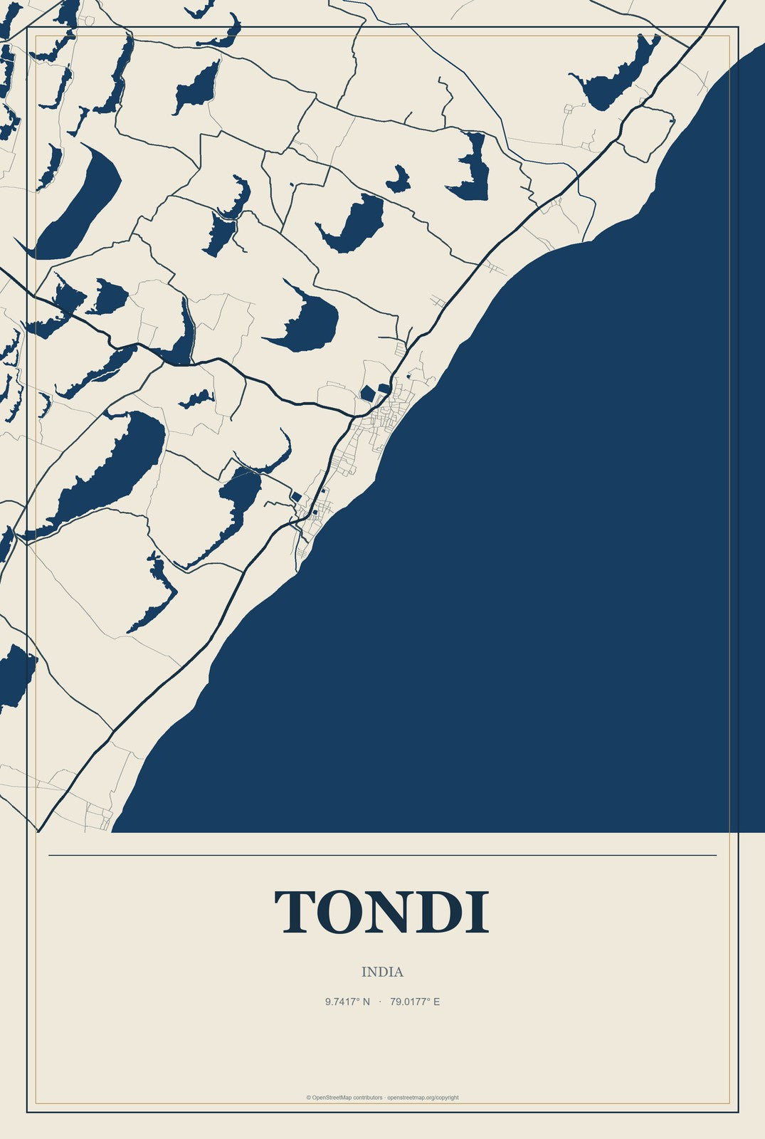 Tondi, India City Map Aluminum Sign in Coastal Cutout style