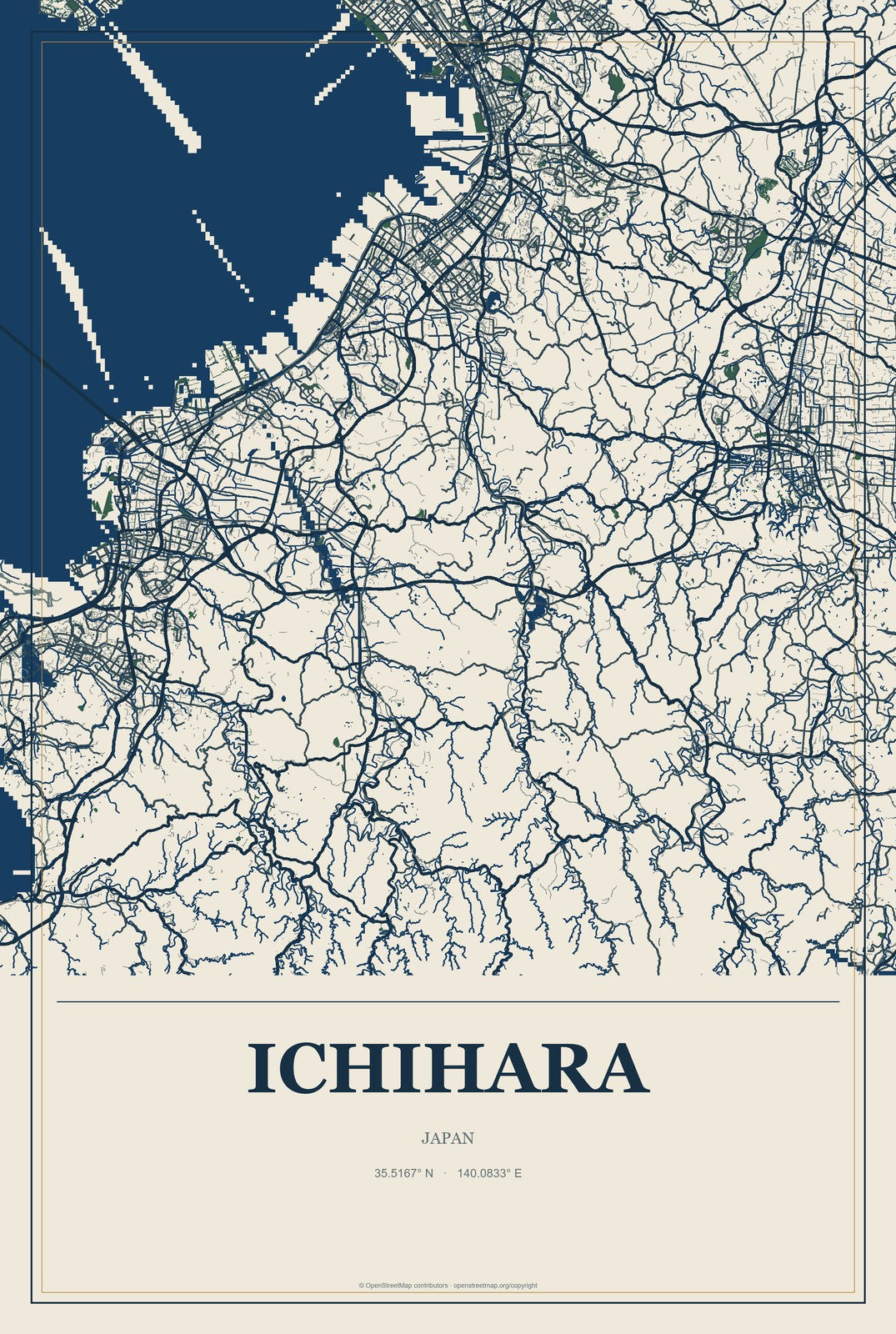Ichihara, Japan City Map Aluminum Sign in Coastal Cutout style