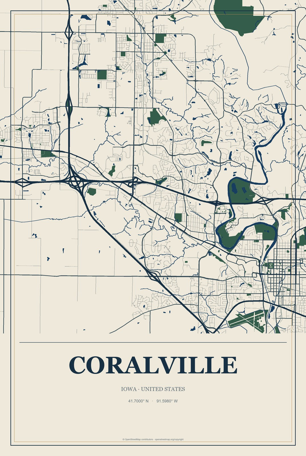 Coralville, Iowa City Map Aluminum Sign in Coastal Cutout style