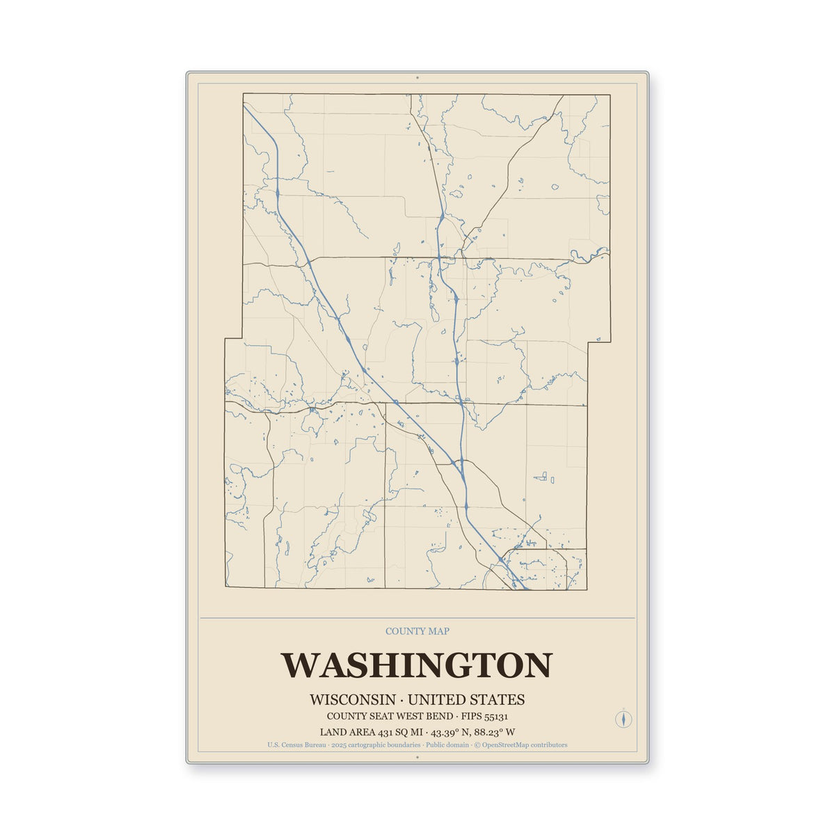 Washington County, Wisconsin Map Aluminum Sign in Heritage Nautical style