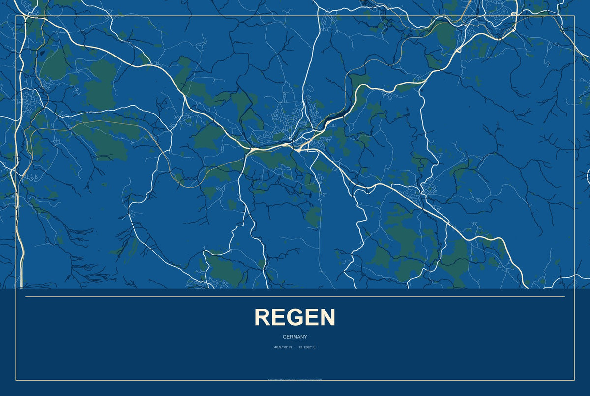 Regen, Germany City Map Aluminum Sign in Harbor Cobalt style