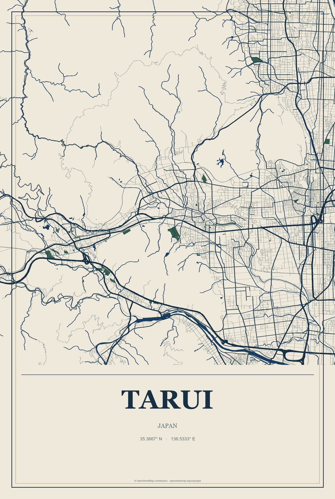 Tarui, Japan City Map Aluminum Sign in Coastal Cutout style