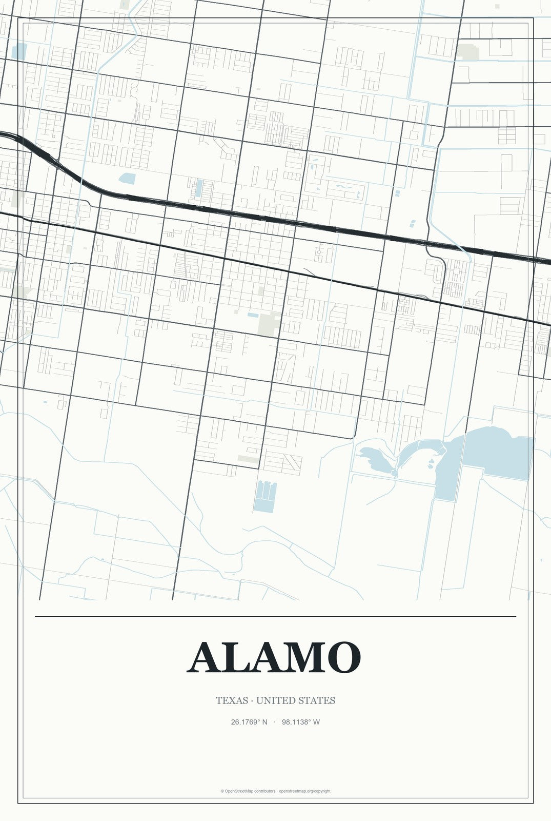 Alamo, Texas City Map Aluminum Sign in Gallery Air style