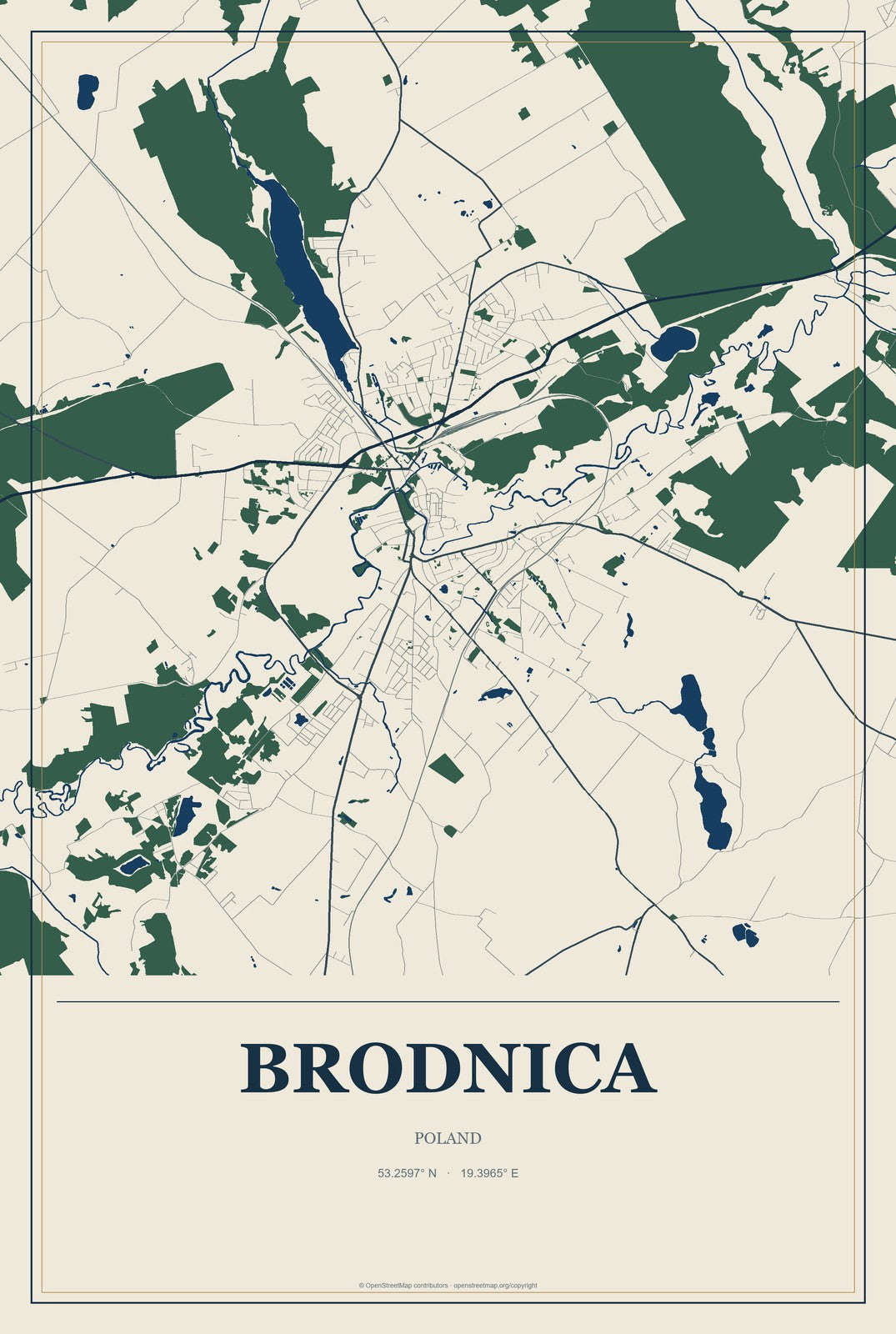 Brodnica, Poland City Map Aluminum Sign in Coastal Cutout style