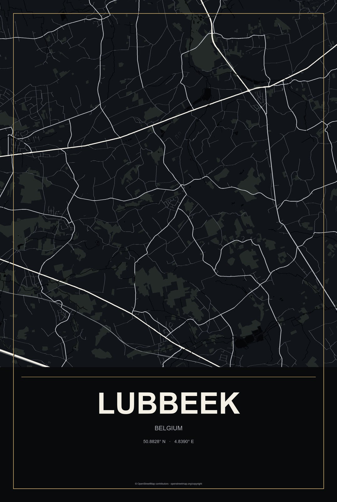 Lubbeek, Belgium City Map Aluminum Sign in Metropolitan Noir style