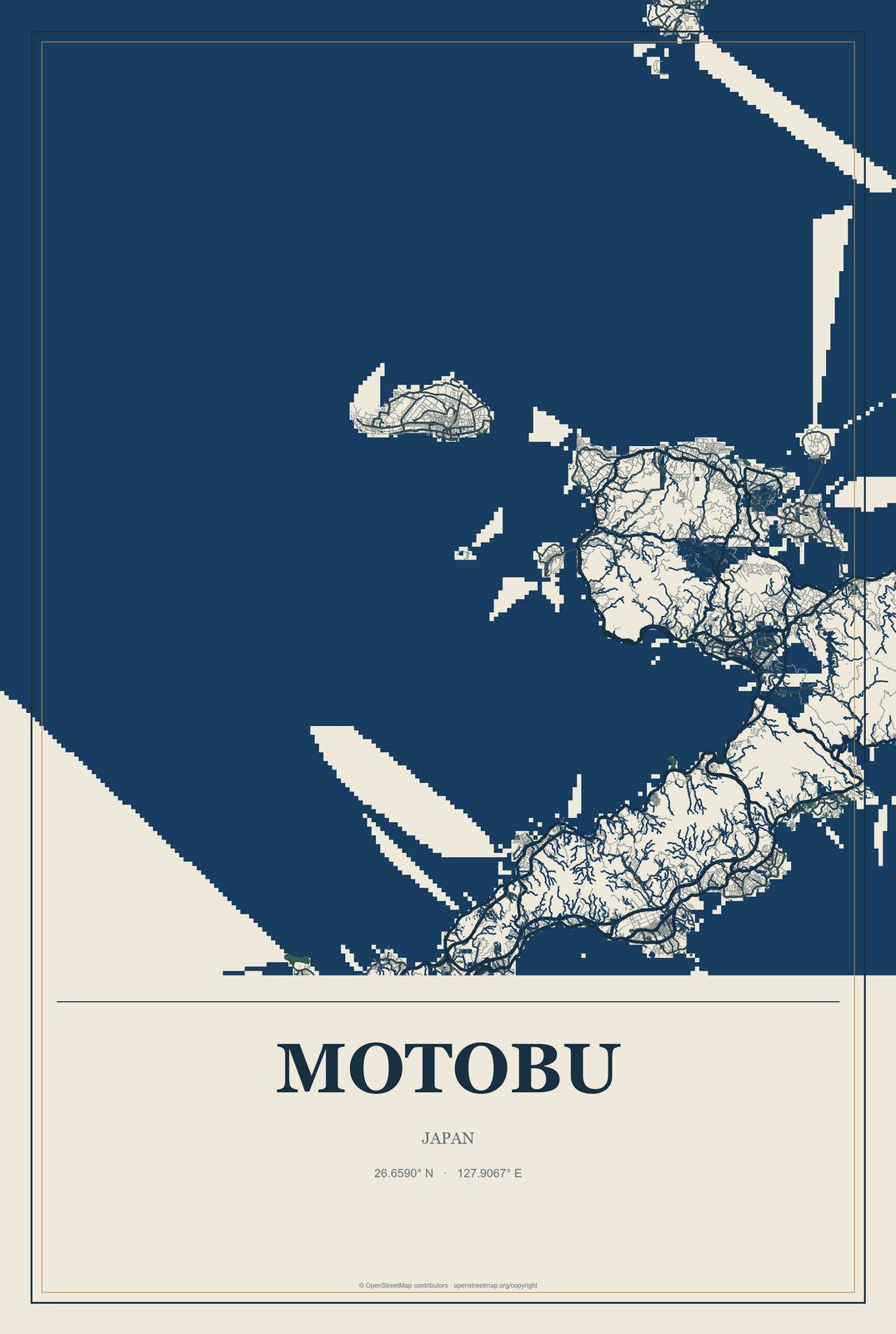 Motobu, Japan City Map Aluminum Sign in Coastal Cutout style