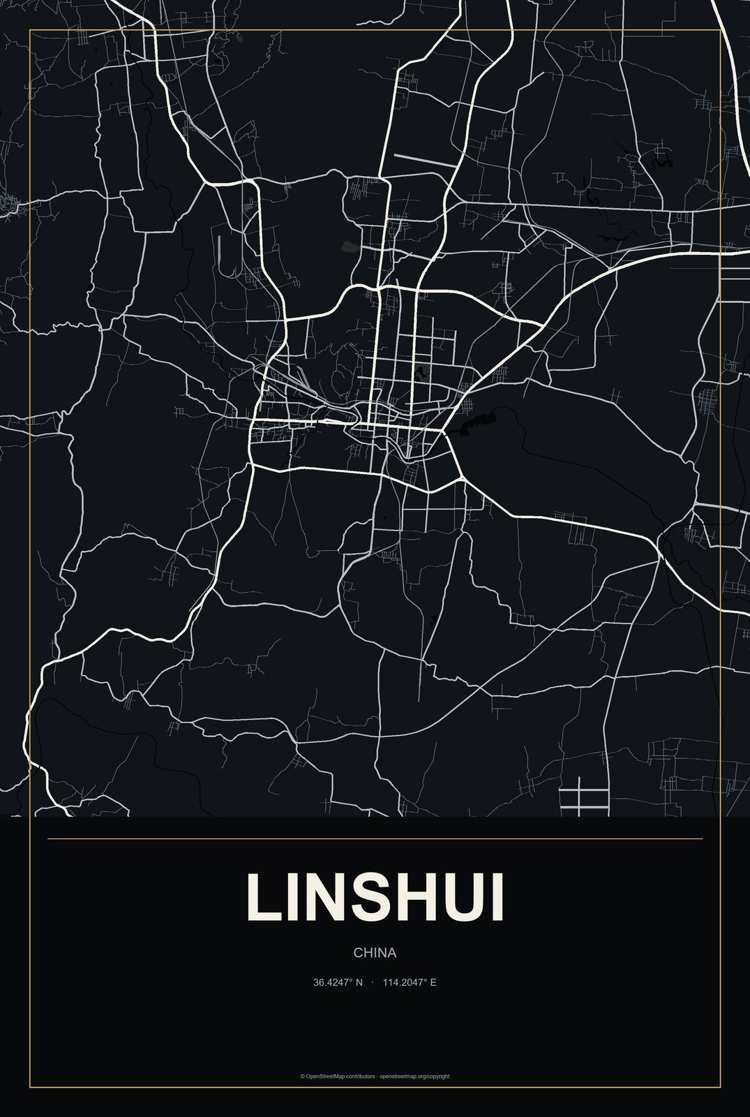 Linshui, China City Map Aluminum Sign in Metropolitan Noir style
