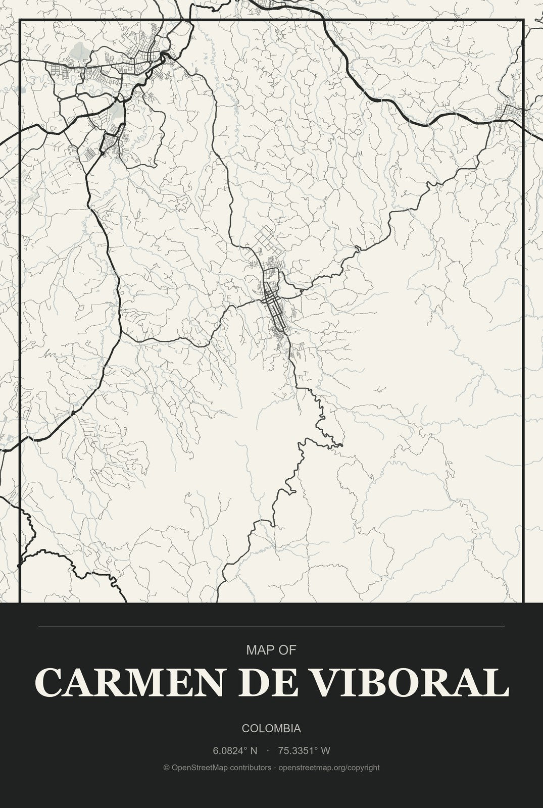 Carmen de Viboral, Colombia City Map Aluminum Sign in Museum Plaque style
