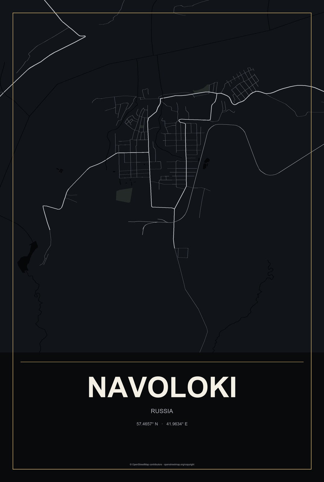 Navoloki, Russia City Map Aluminum Sign in Metropolitan Noir style