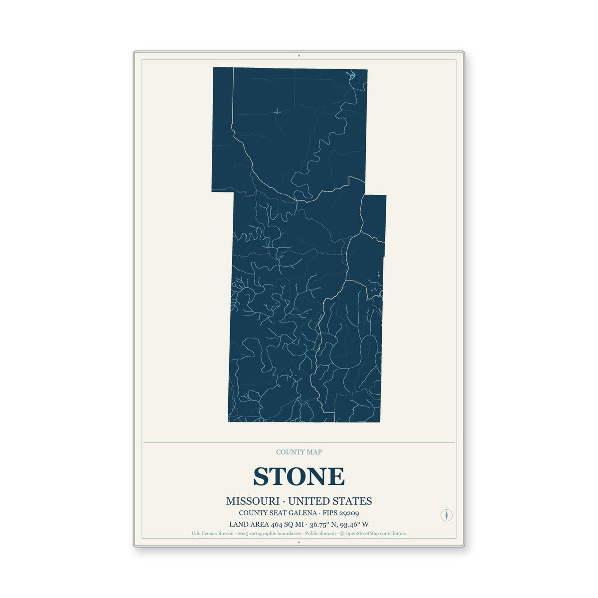 Stone County, Missouri Map Aluminum Sign in Coastal Cutout style