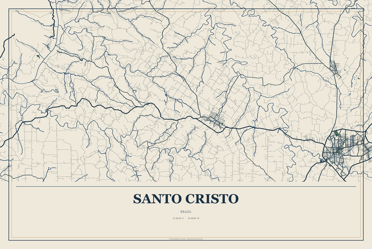 Santo Cristo, Brazil City Map Aluminum Sign in Coastal Cutout style