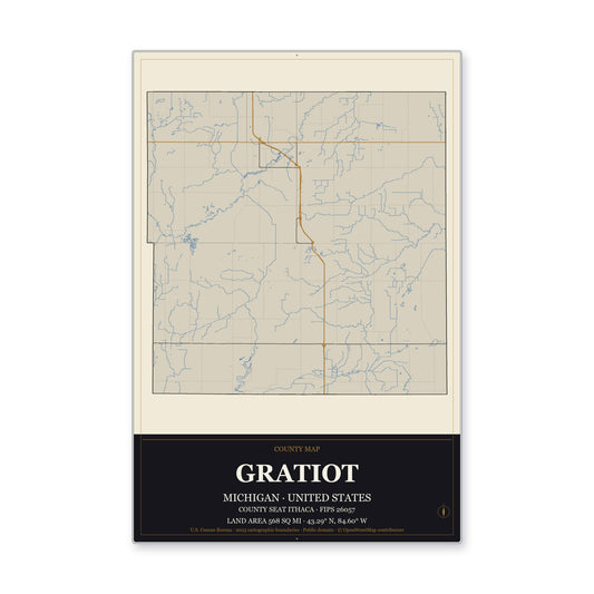 Gratiot County, Michigan Map Aluminum Sign in Museum Plaque style