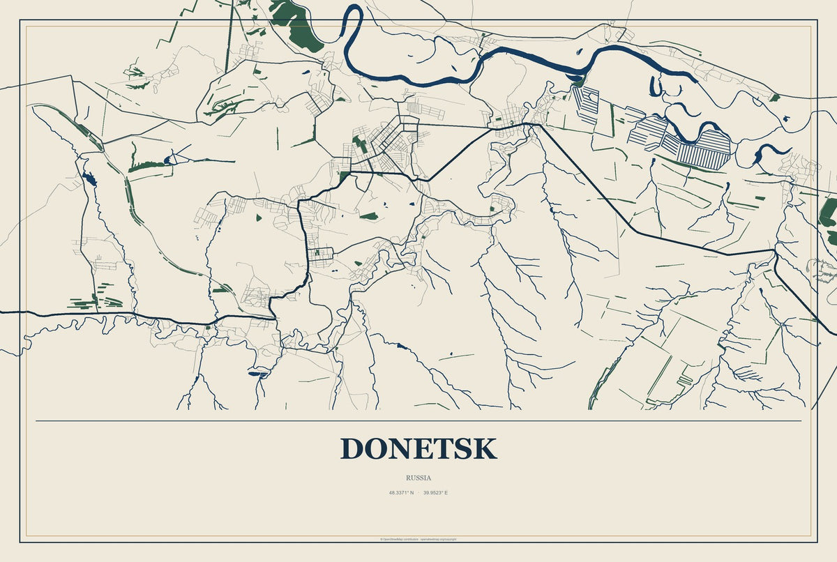 Donetsk, Russia City Map Aluminum Sign in Coastal Cutout style