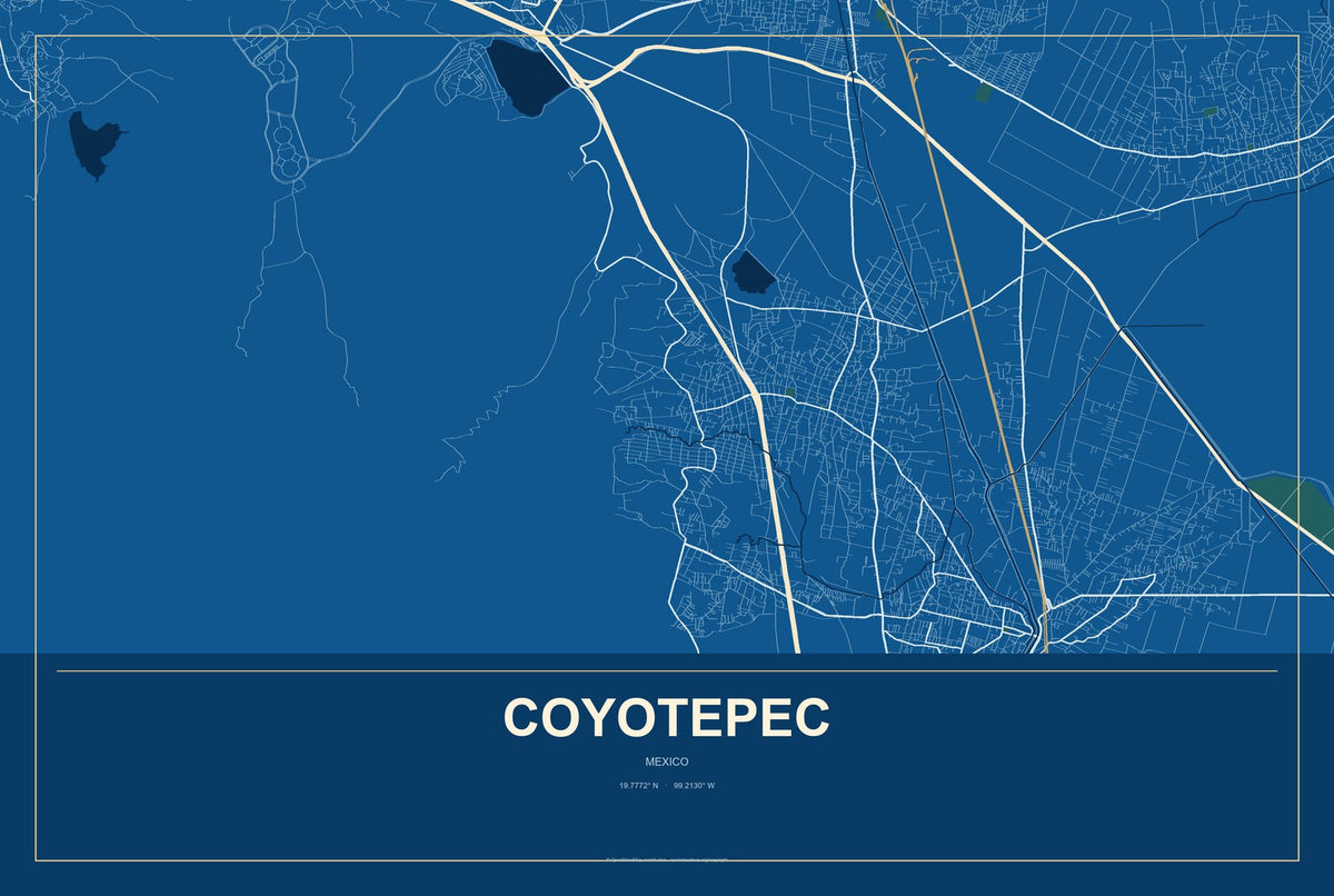 Coyotepec, Mexico City Map Aluminum Sign in Harbor Cobalt style