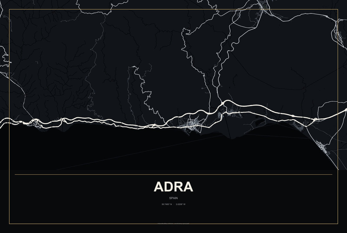 Adra, Spain City Map Aluminum Sign in Metropolitan Noir style