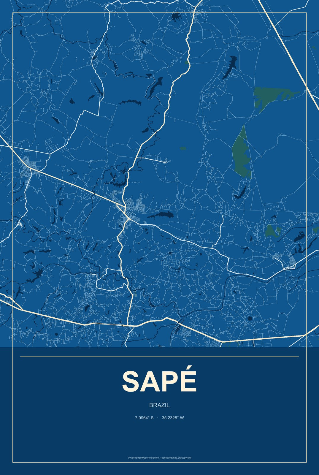 Sapé, Brazil City Map Aluminum Sign in Harbor Cobalt style
