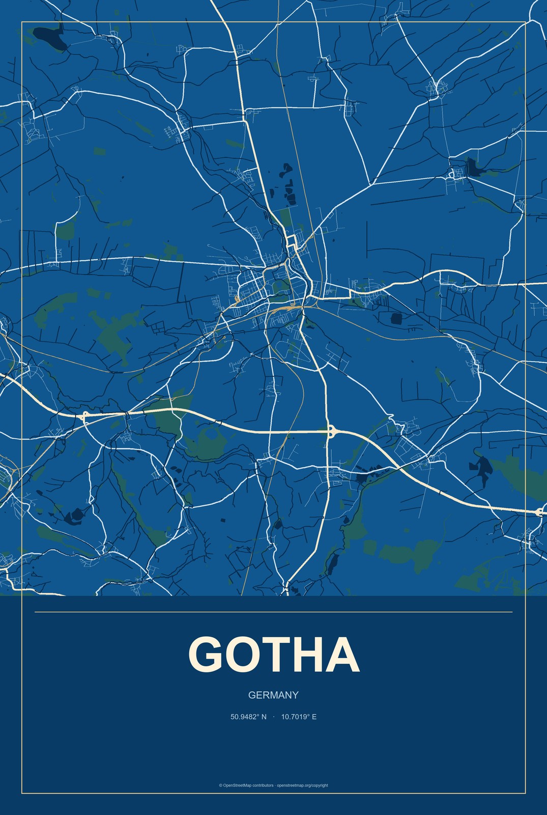 Gotha, Germany City Map Aluminum Sign in Harbor Cobalt style