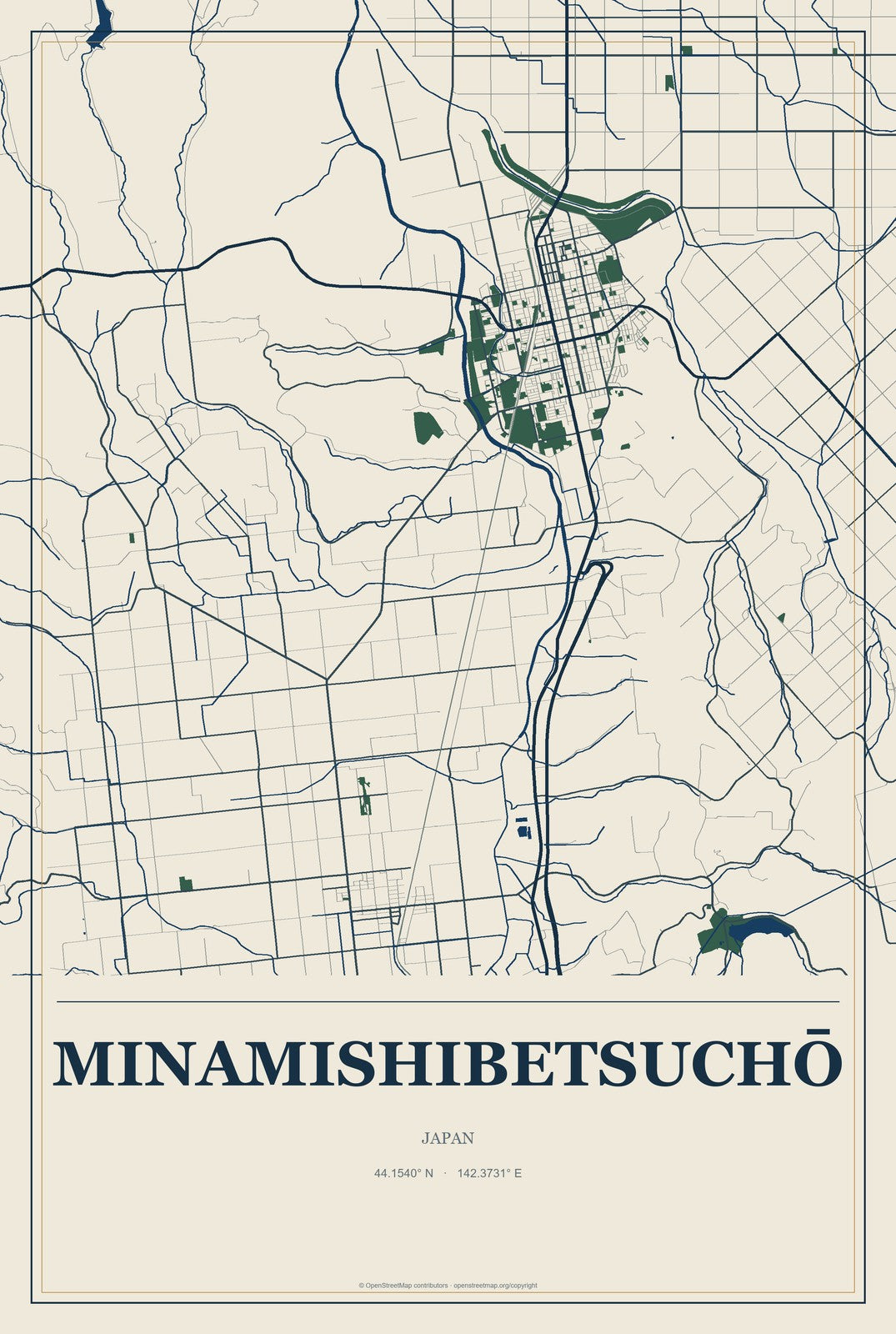 Minamishibetsuchō, Japan City Map Aluminum Sign in Coastal Cutout style