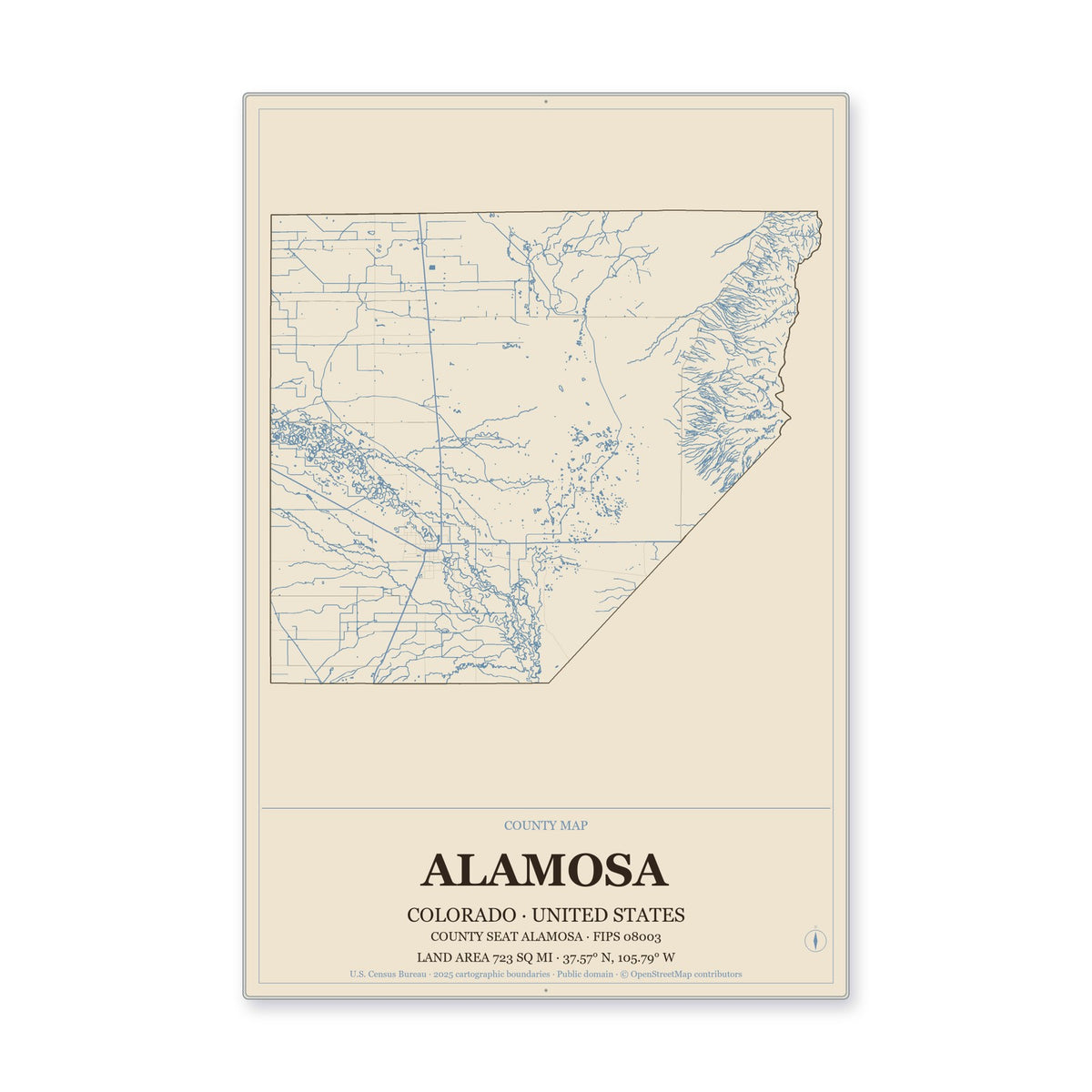 Alamosa County, Colorado Map Aluminum Sign in Heritage Nautical style