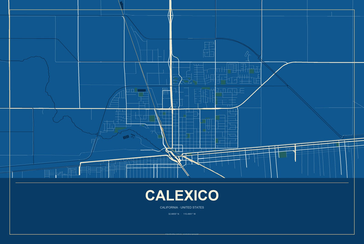 Calexico, California City Map Aluminum Sign in Harbor Cobalt style