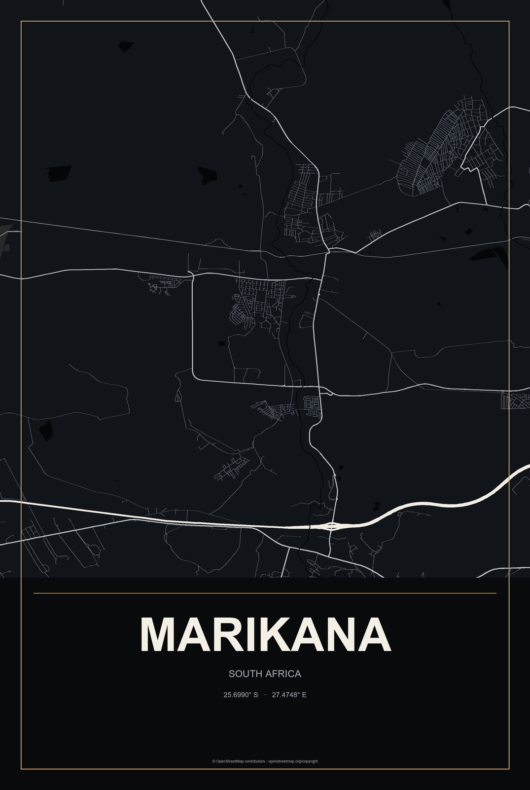 Marikana, South Africa City Map Aluminum Sign in Metropolitan Noir style