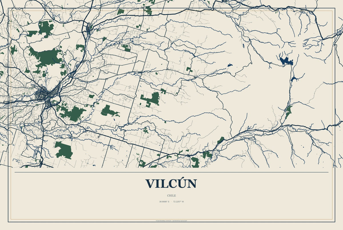Vilcún, Chile City Map Aluminum Sign in Coastal Cutout style