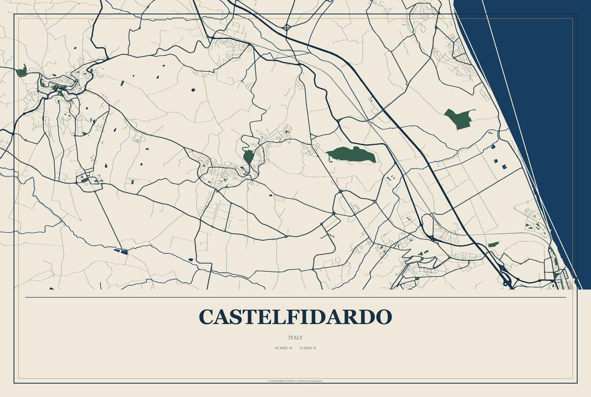 Castelfidardo, Italy City Map Aluminum Sign in Coastal Cutout style