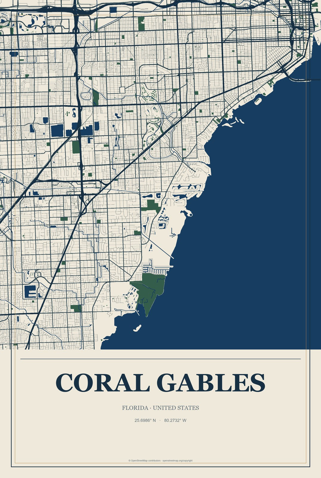 Coral Gables, Florida City Map Aluminum Sign in Coastal Cutout style