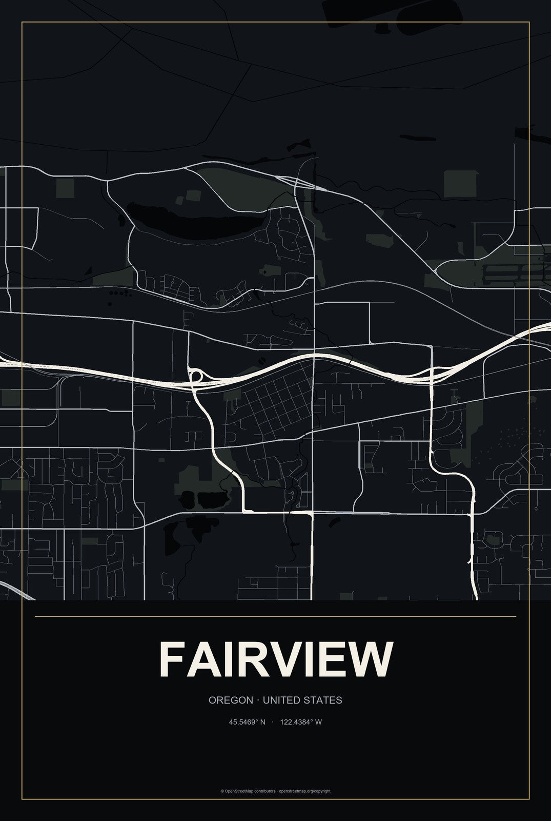 Fairview, Oregon City Map Aluminum Sign in Metropolitan Noir style