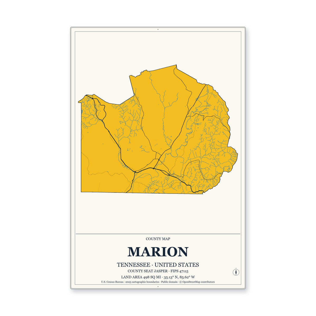 Marion County, Tennessee Map Aluminum Sign in Citrine Modern style