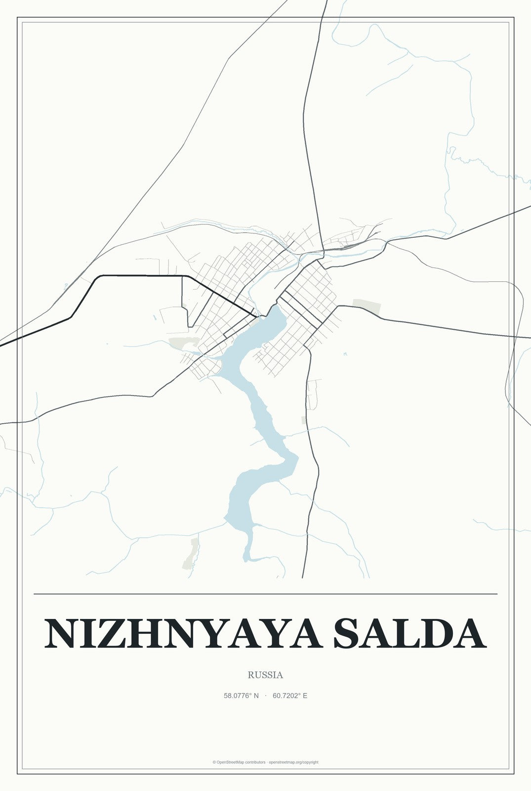 Nizhnyaya Salda, Russia City Map Aluminum Sign in Gallery Air style