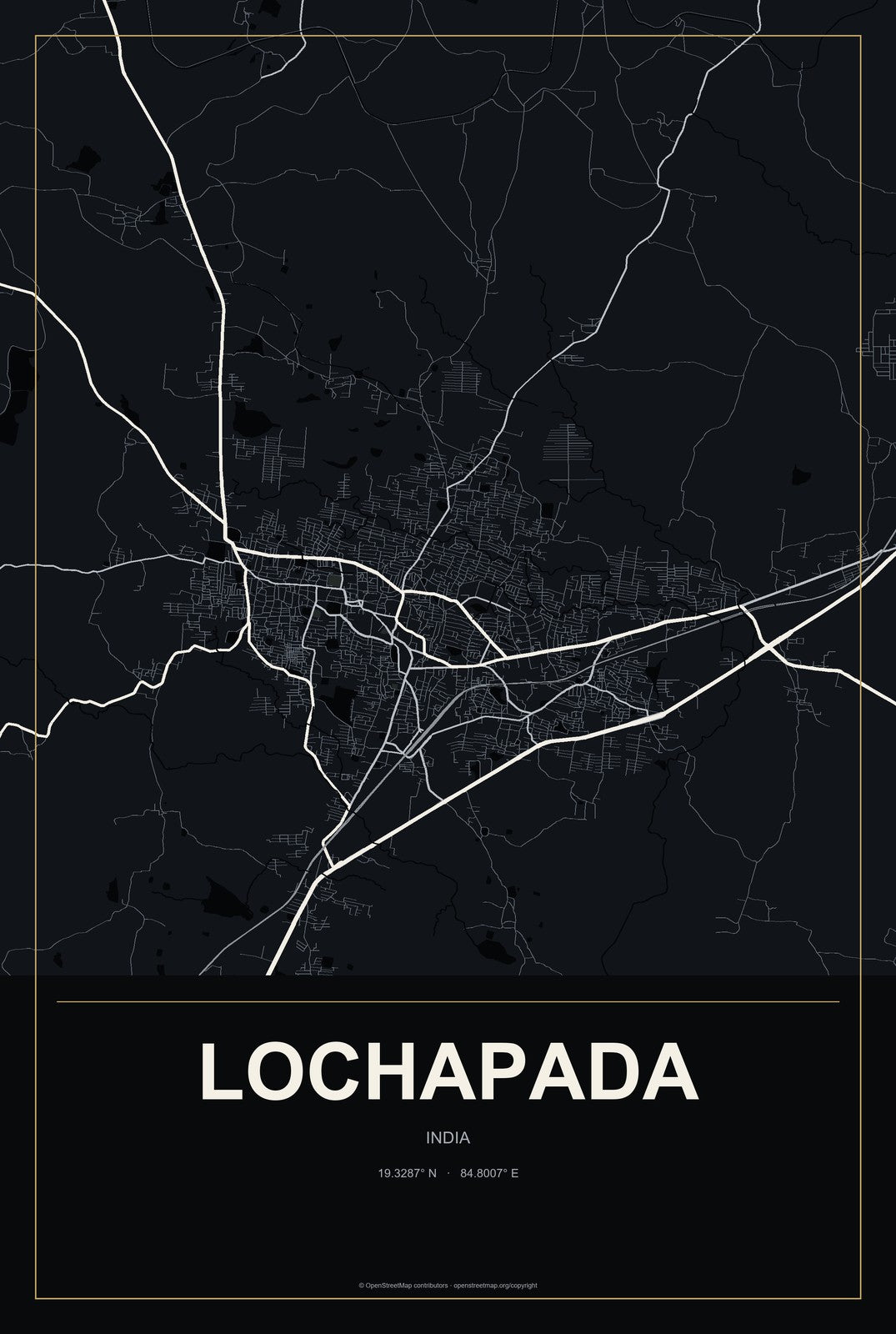 Lochapada, India City Map Aluminum Sign in Metropolitan Noir style