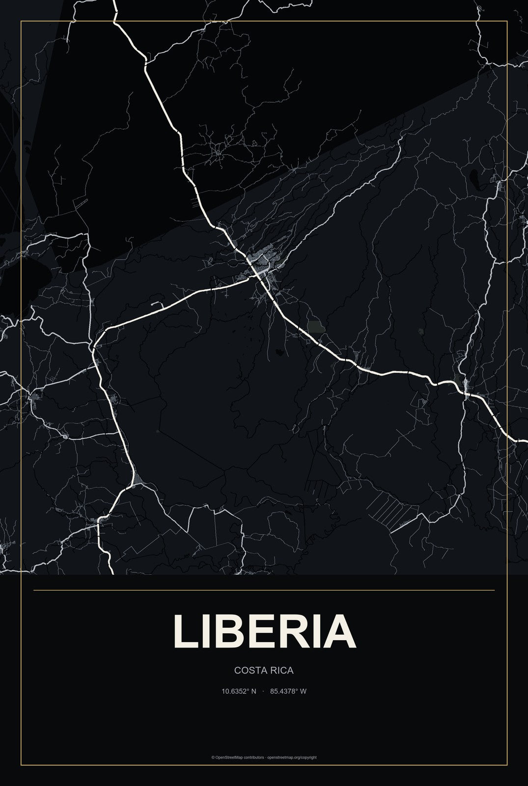 Liberia, Costa Rica City Map Aluminum Sign in Metropolitan Noir style