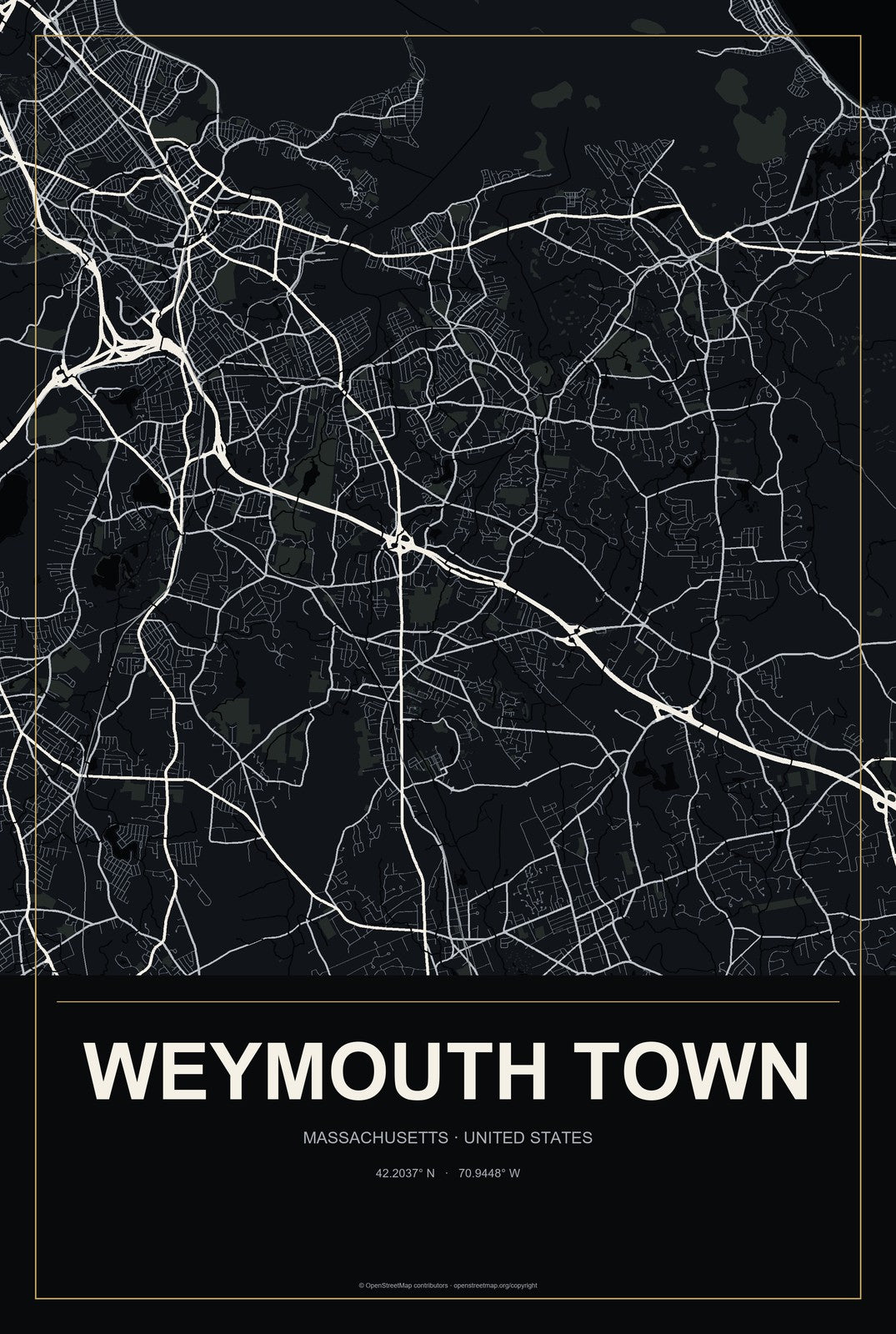 Weymouth Town, Massachusetts City Map Aluminum Sign in Metropolitan Noir style