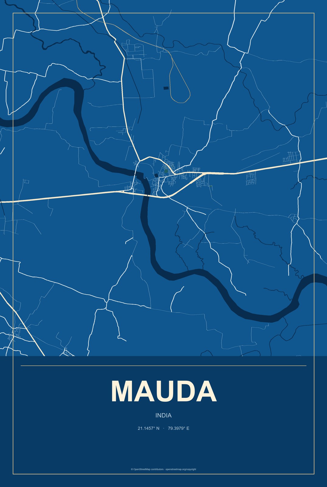 Mauda, India City Map Aluminum Sign in Harbor Cobalt style