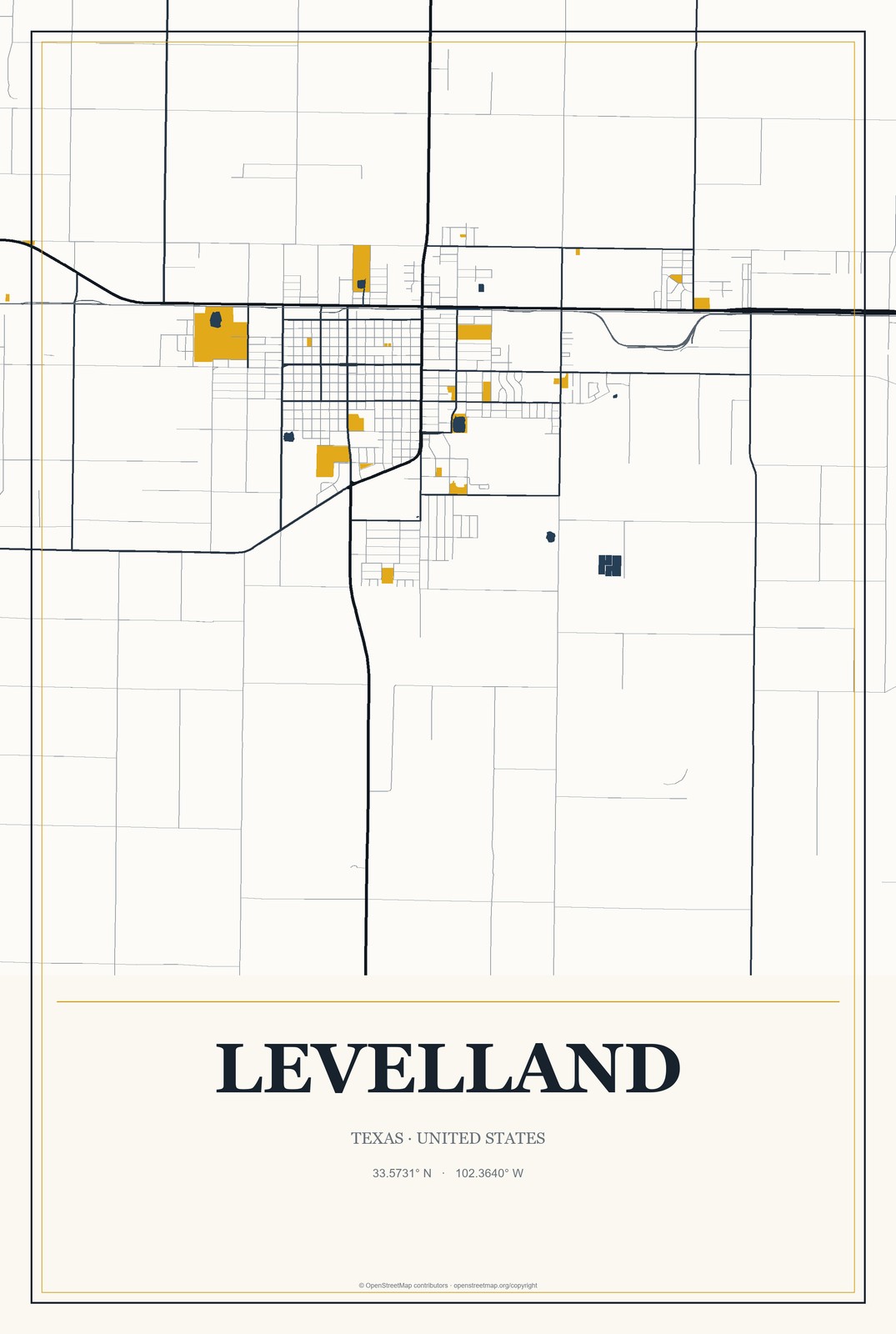 Levelland, Texas City Map Aluminum Sign in Citrine Modern style