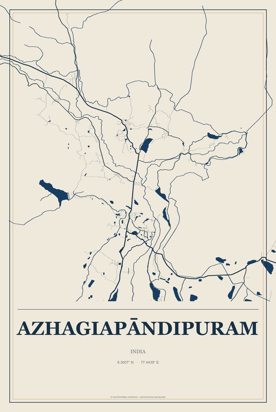 Azhagiapāndipuram, India City Map Aluminum Sign in Coastal Cutout style